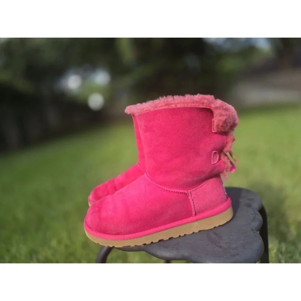 UGG Kids Bailey Bow II Pink Suede Shearling Boots Girls